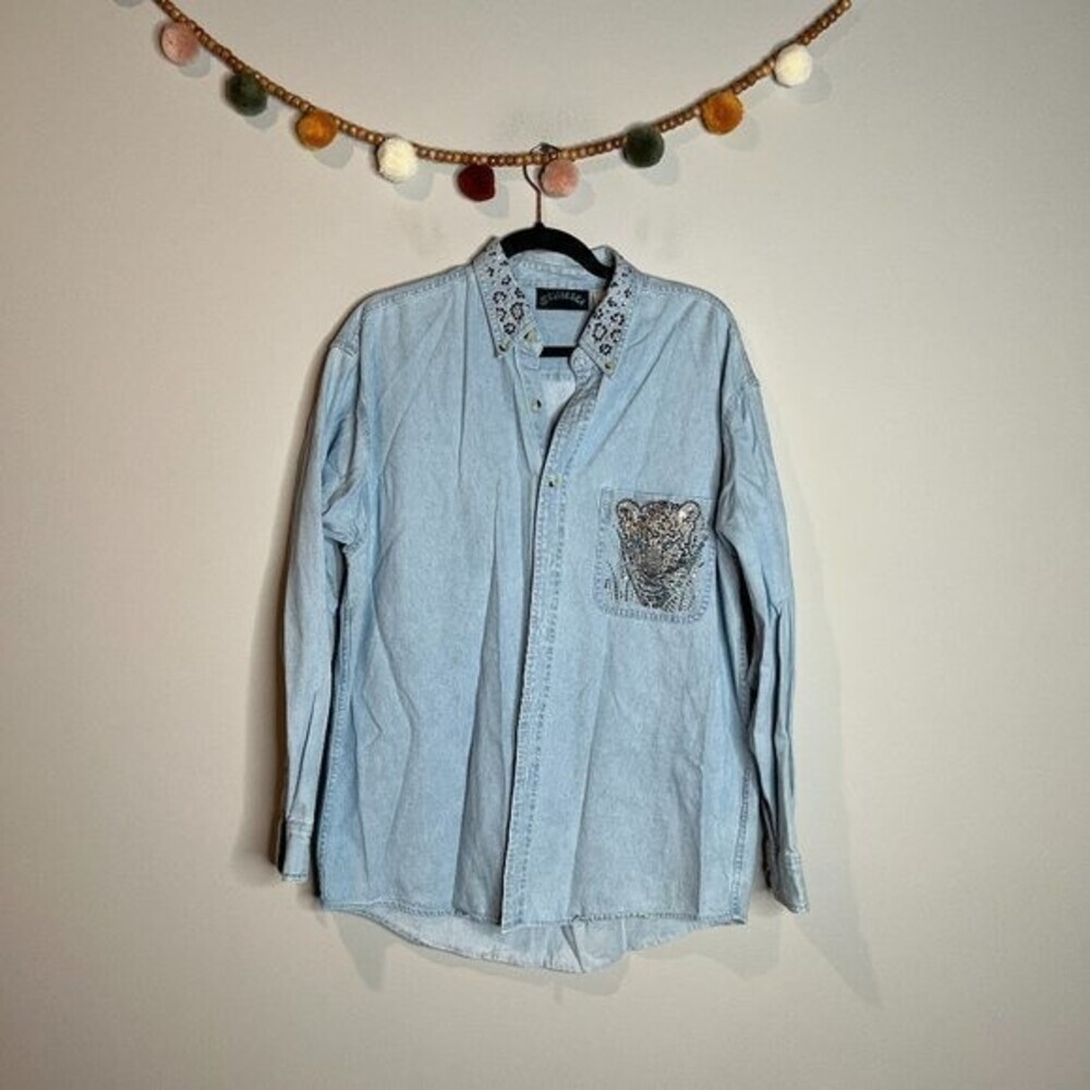 Vintage chambray embellished rhinestone cheetah button down shirt